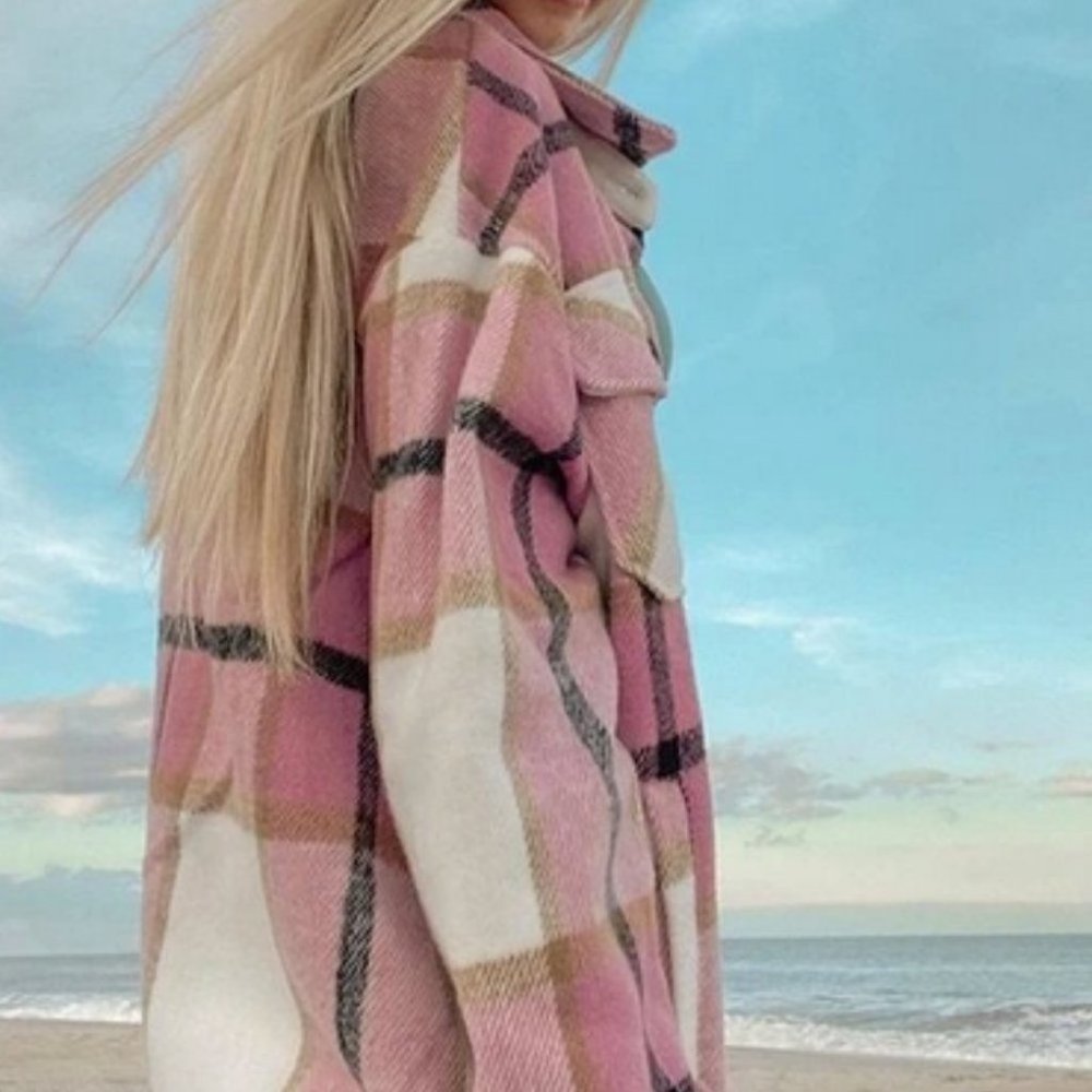 Casual Plaid Flap Pocket detailed button down pink Overshirt - Picture 7 of 16